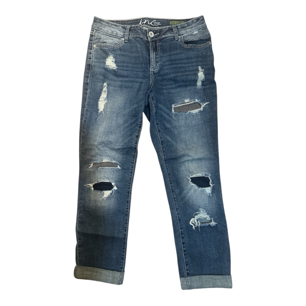 INC International Concepts Distressed Blue Straight Leg Cropped Jeans